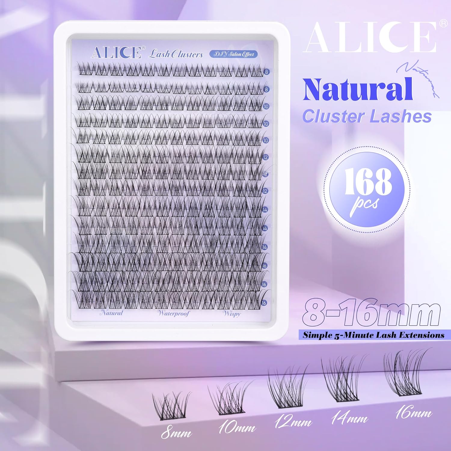 Natural Lash Clusters Wispy Cluster Eyelash Extensions 168pcs Individual Lashes 8-16mm C-Curly DIY Lash Extension Natural Look Soft Thin Band Cluster Lashes by ALICE B - Natural