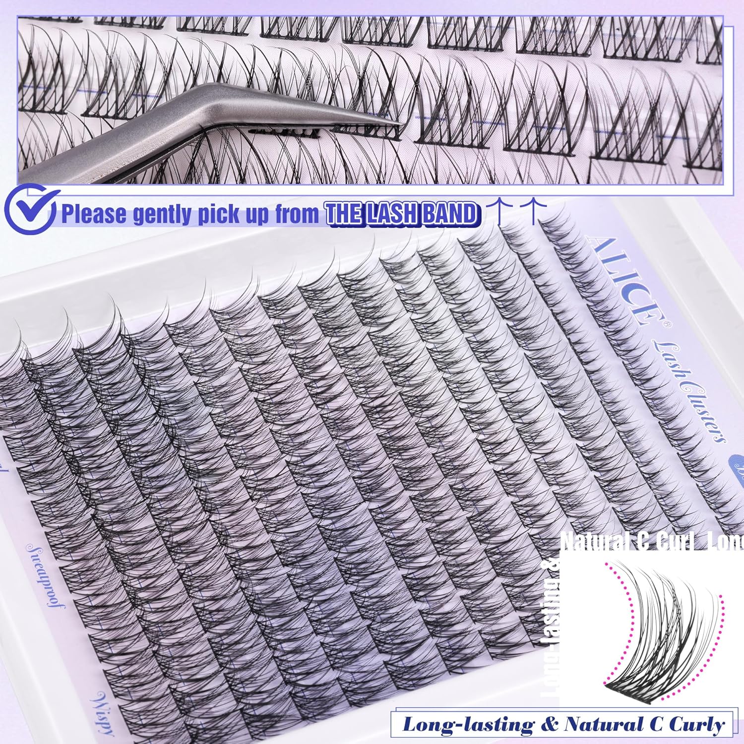 Natural Lash Clusters Wispy Cluster Eyelash Extensions 168pcs Individual Lashes 8-16mm C-Curly DIY Lash Extension Natural Look Soft Thin Band Cluster Lashes by ALICE B - Natural
