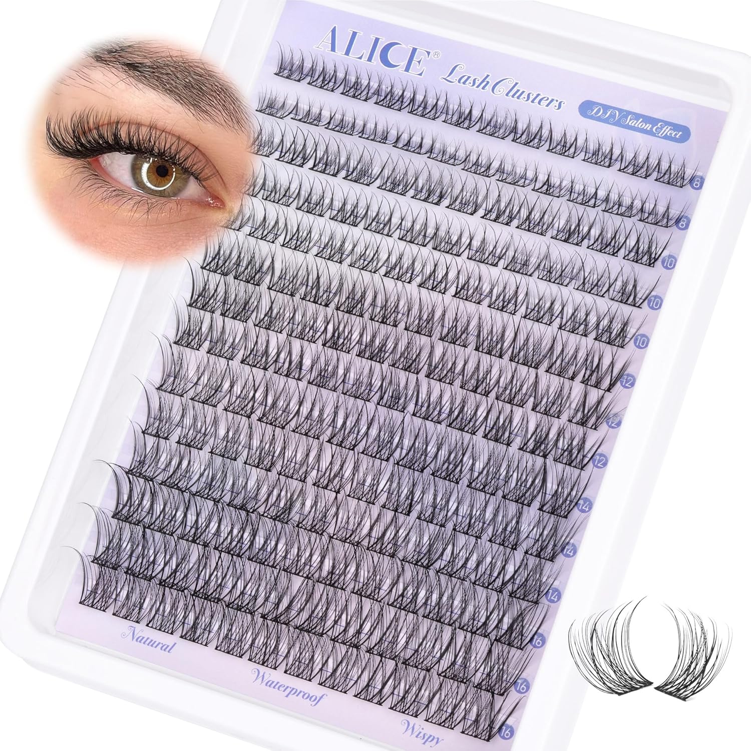 Natural Lash Clusters Wispy Cluster Eyelash Extensions 168pcs Individual Lashes 8-16mm C-Curly DIY Lash Extension Natural Look Soft Thin Band Cluster Lashes by ALICE B - Natural