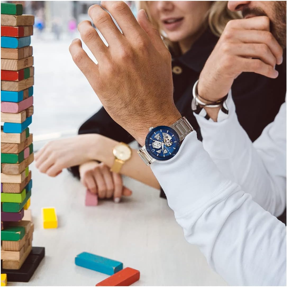 Bulova Men's Modern 3-Hand Automatic Watch, Open Aperture Dial and Edge to Edge Crystal Stainless/Blue Dial