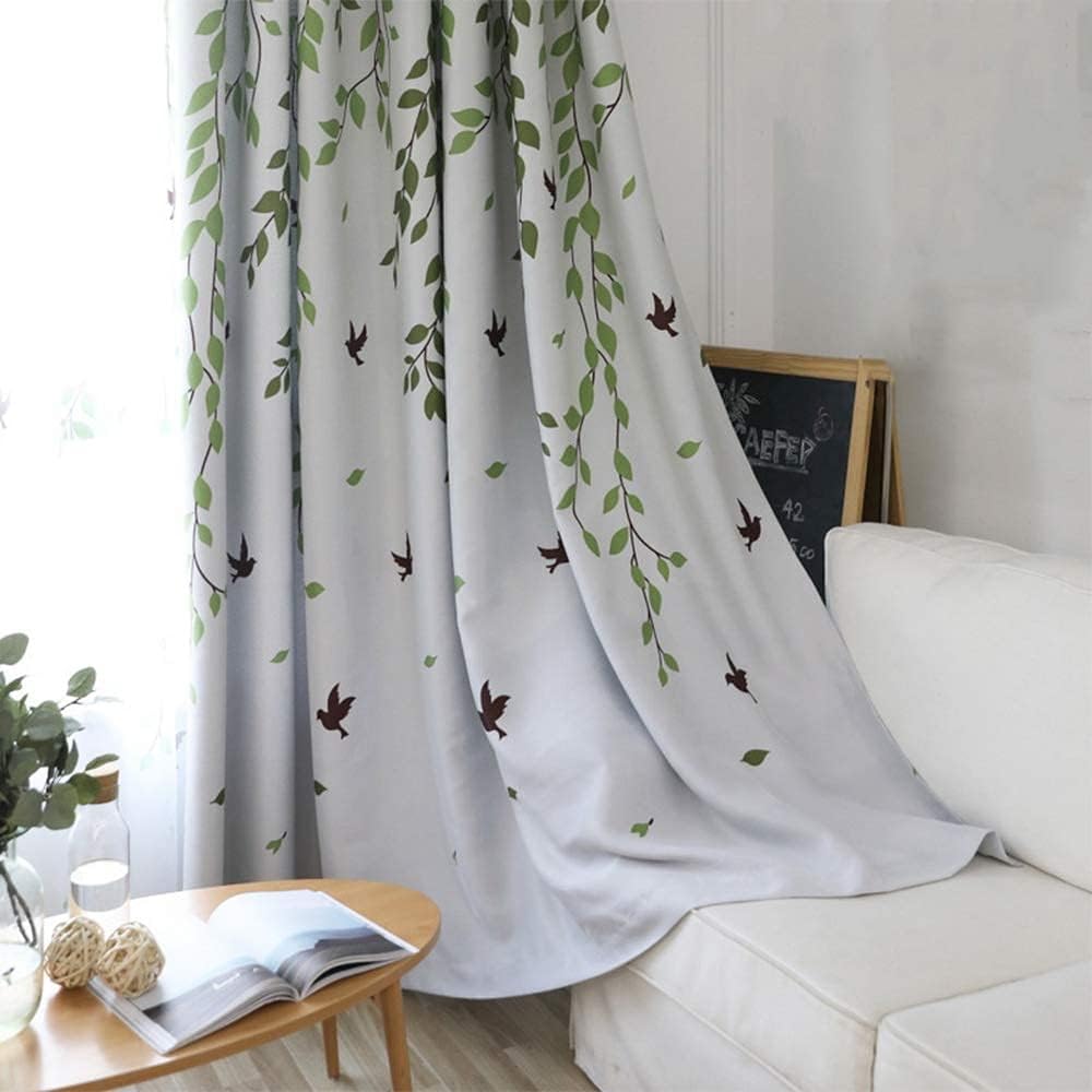 1 Panel Half Blackout Curtain Grommet Drape for Bedroom Green Leaves Birds Pattern Silver Metal Rings Curtains for Living Room Bay Windows , W39 x L84 inch