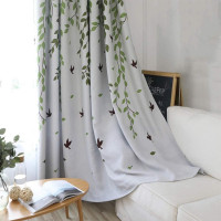 1 Panel Half Blackout Curtain Grommet Drape for Bedroom Green Leaves Birds Pattern Silver Metal Rings Curtains for Living Room Bay Windows , W39 x L84 inch