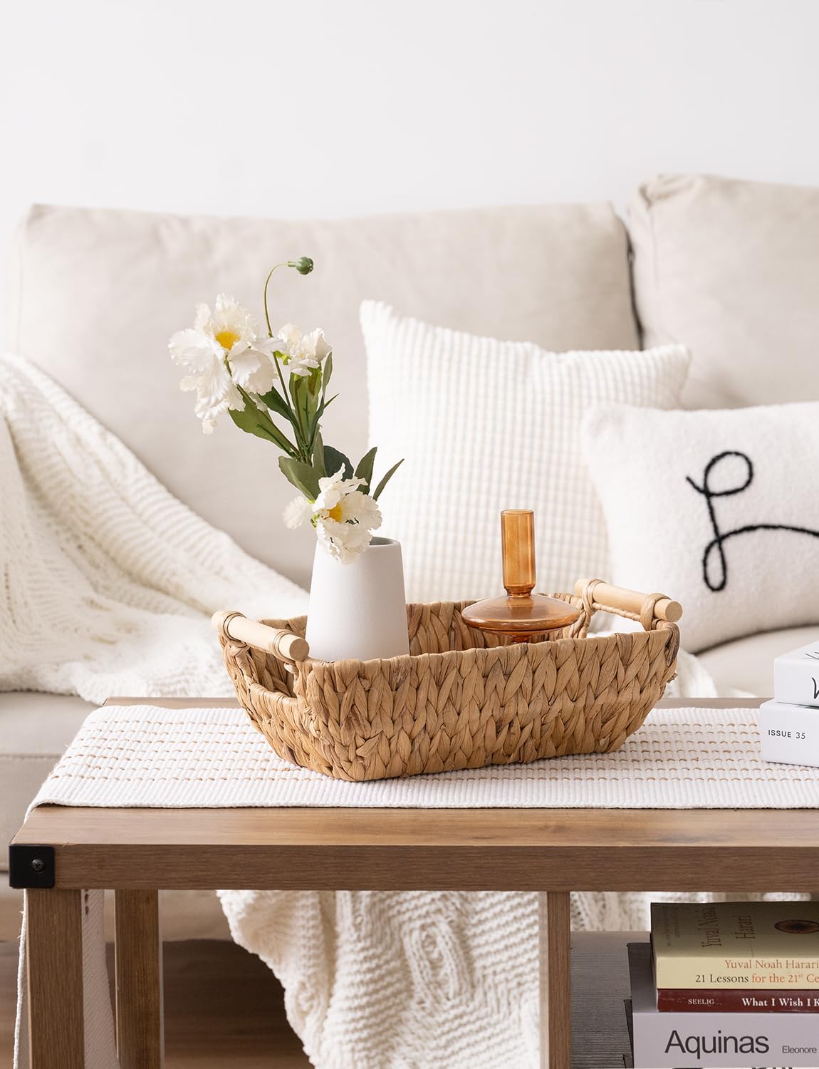 StorageWorks Hand-Woven Small Wicker Baskets, Water Hyacinth Storage Baskets with Wooden Handles, 2-Pack Natural(Water Hyacinth) Small