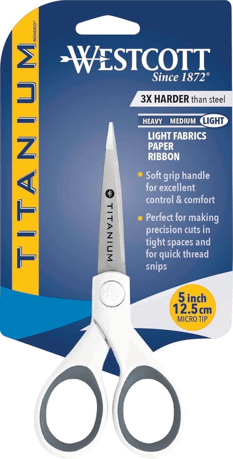 Westcott 5-Inch Micro-Tip Fabric Scissors with Titanium-Bonded Blades - Craft Scissors for Paper and Fabric, Sewing, and More 5