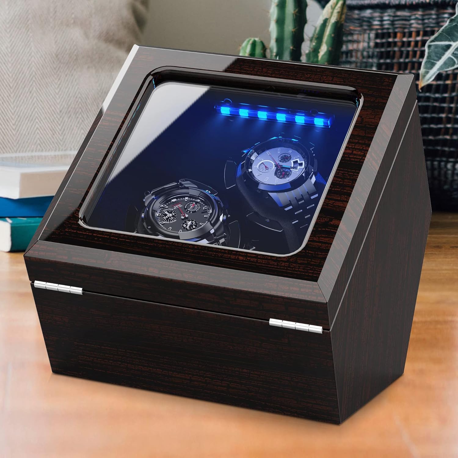 High End Watch Winder for Automatic Watches with Super Quiet Motor, Blue LED Light & Rotation Mode Setting, Watch Winder for Rolex with Flexible Pillow, Dual Power 2 watches