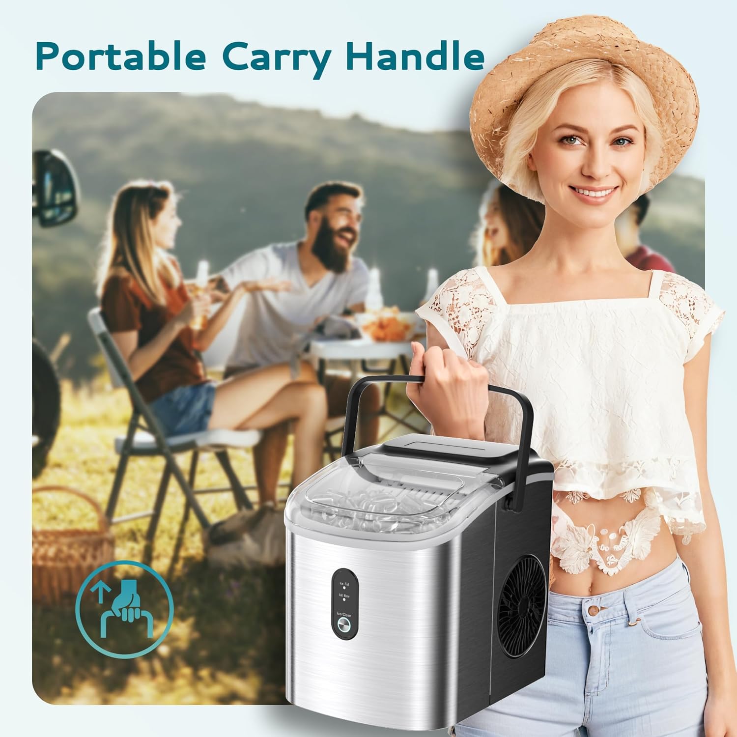 EUHOMY Ice Maker Countertop, Portable Ice Machine with Carry Handle, 26.5lbs Per Day, 9 Cubes in 6 Mins, Auto-Cleaning, with Basket and Scoop, for Home, Kitchen, Camping, RV (Silver) Stainless Steel Silver 26.5 lbs/day
