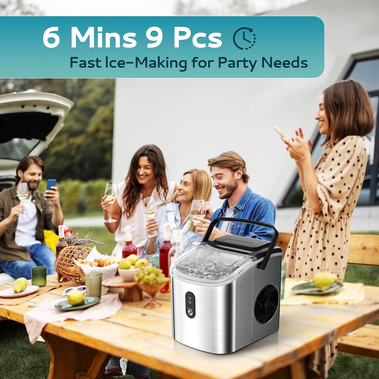 EUHOMY Ice Maker Countertop, Portable Ice Machine with Carry Handle, 26.5lbs Per Day, 9 Cubes in 6 Mins, Auto-Cleaning, with Basket and Scoop, for Home, Kitchen, Camping, RV (Silver) Stainless Steel Silver 26.5 lbs/day