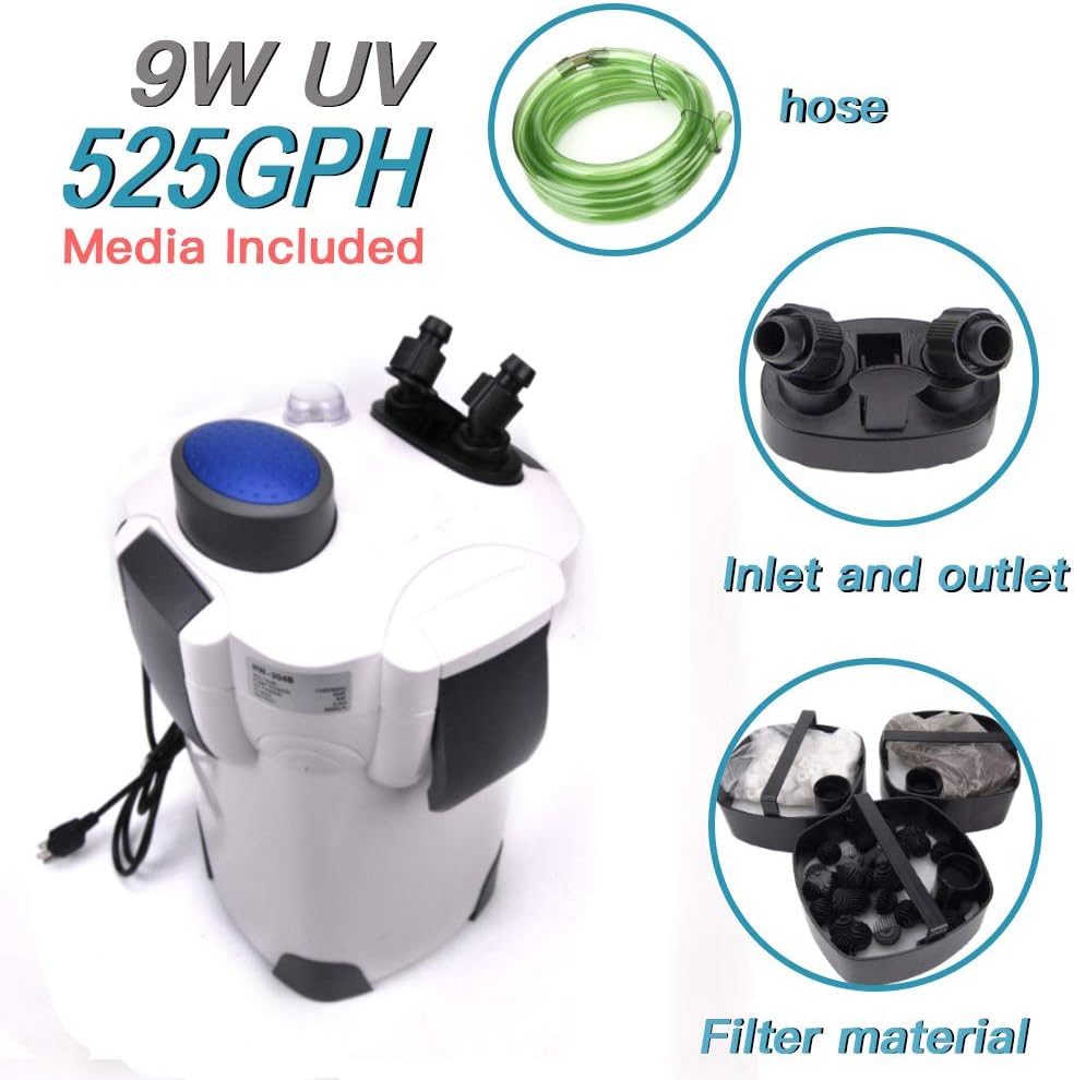 Polar Aurora Free Media 4-Stage External Canister Filter with 9-watt Light, 525 GPH with Free Media