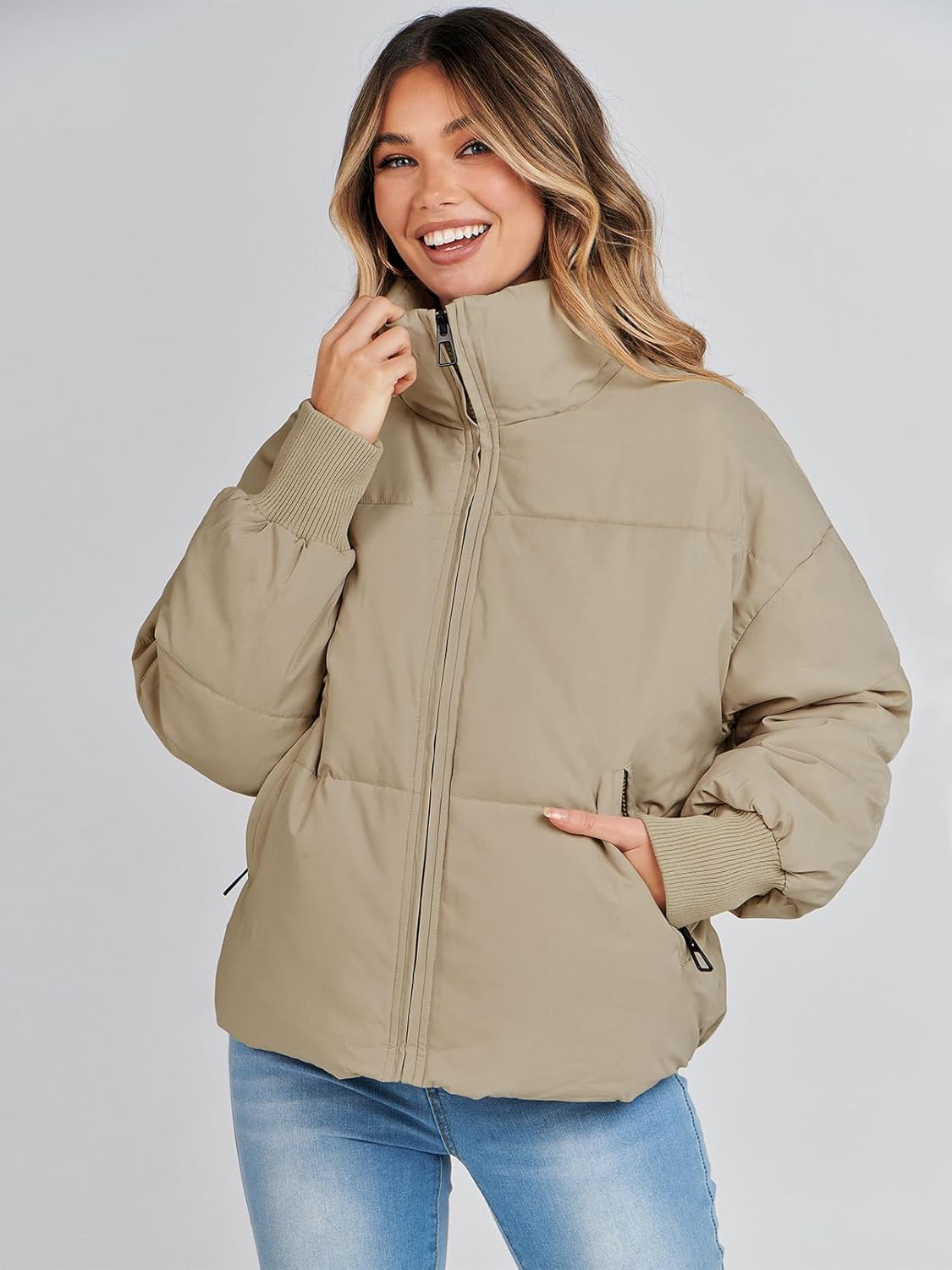 MEROKEETY Women's Winter Puffer Jacket Long Sleeve Short Warm Quilted Baggy Coats 2025 Outerwear Khaki Medium