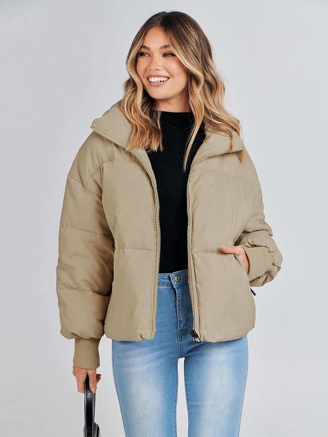 MEROKEETY Women's Winter Puffer Jacket Long Sleeve Short Warm Quilted Baggy Coats 2025 Outerwear Khaki Medium