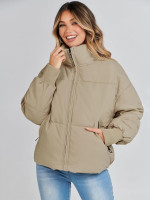 MEROKEETY Women's Winter Puffer Jacket Long Sleeve Short Warm Quilted Baggy Coats 2025 Outerwear Khaki Medium