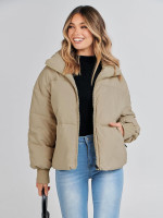MEROKEETY Women's Winter Puffer Jacket Long Sleeve Short Warm Quilted Baggy Coats 2025 Outerwear Khaki Medium