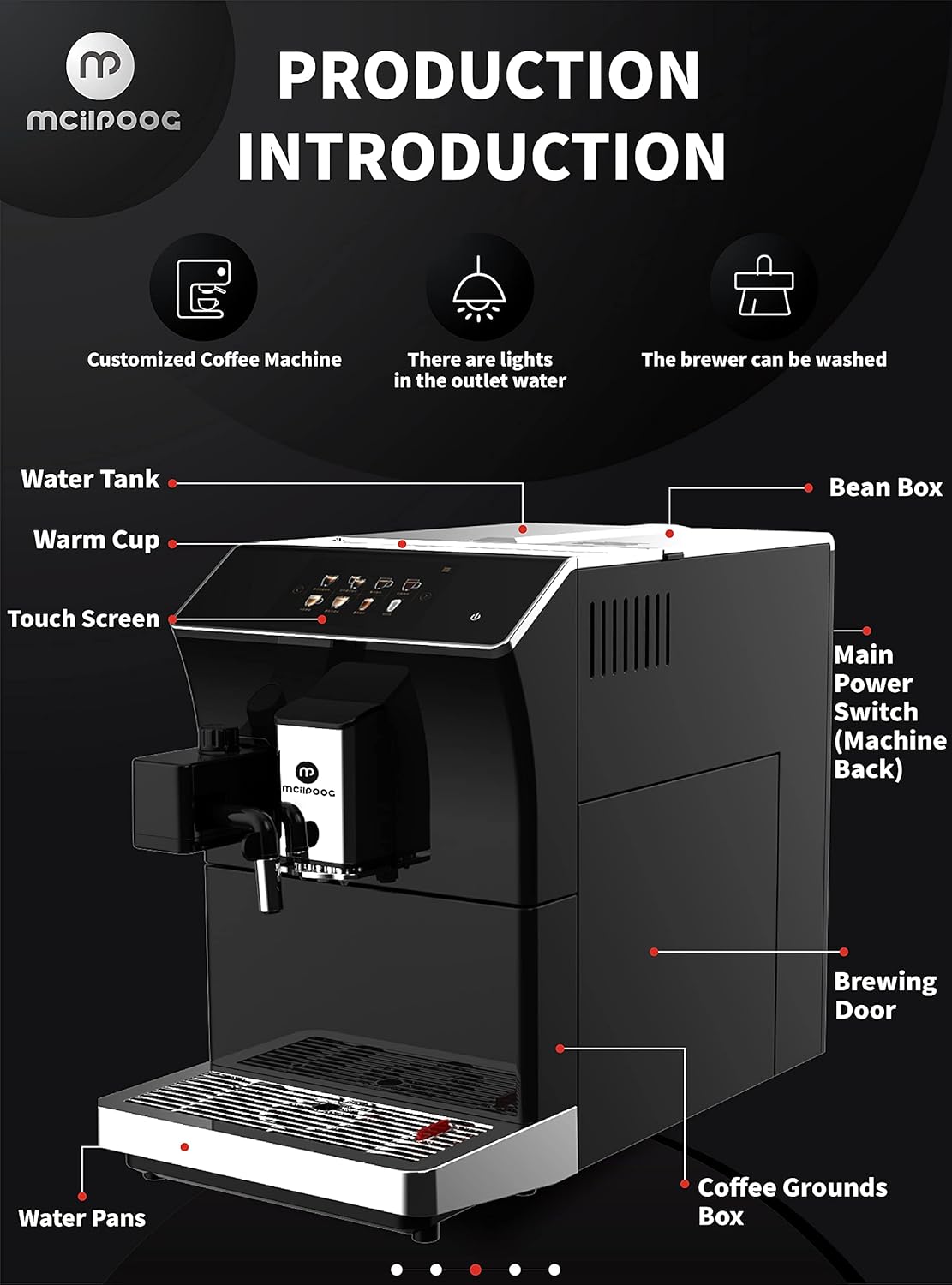 Mcilpoog ws-203 fully Automatic Espresso Coffee Machine, 1300W, 16 Drink Types, 19 Bar Pump, 1.7L Water Tank WS-203 Compact