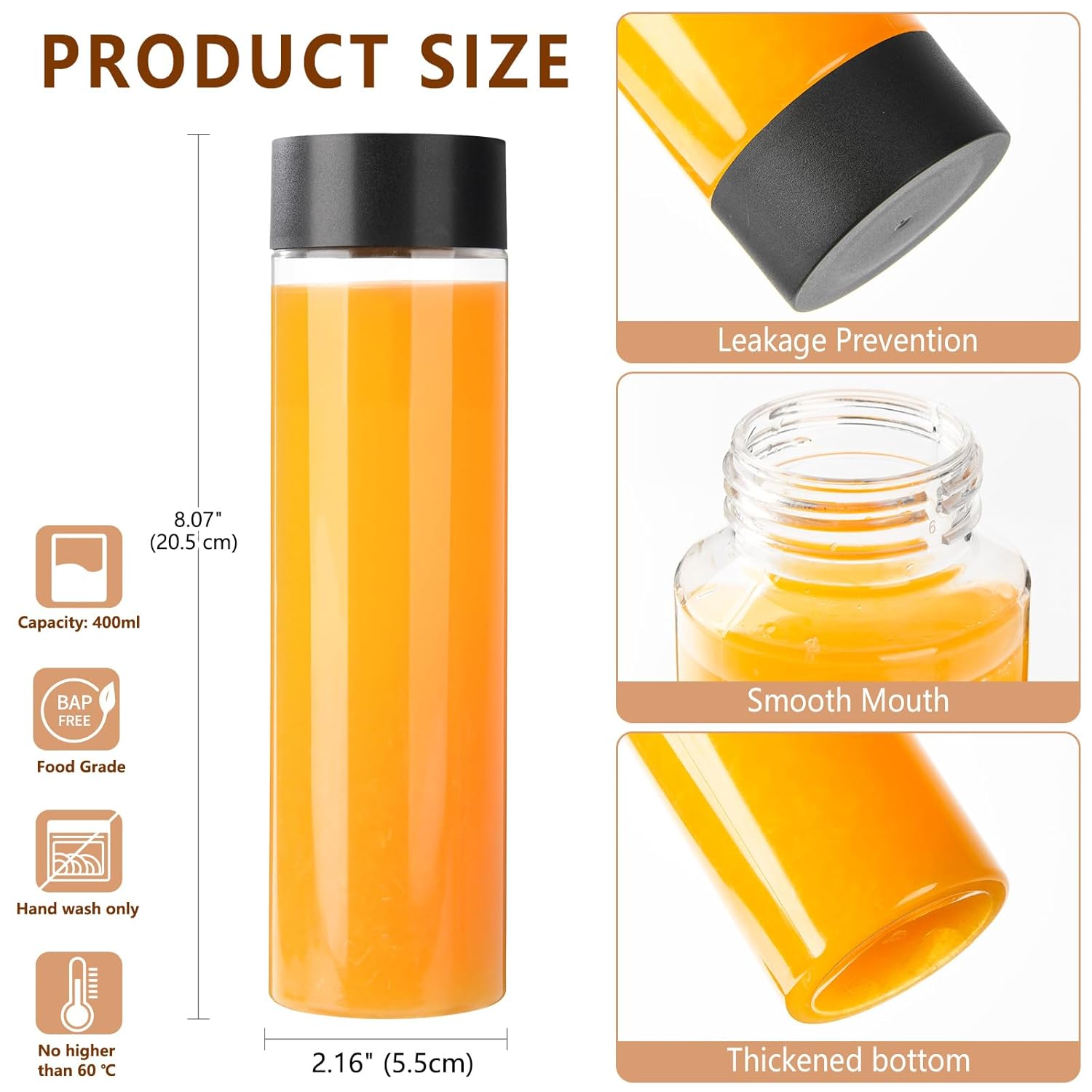 12 Pack 13.6 OZ (400 ml) Clear PET Plastic Juice Bottles With Black Lids Smoothie Ideal For Milk and Other Beverage 13.6 OZ 12 pack (black lids)