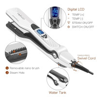 MKBOO Hair Straightener with Steam,Salon Professional Nano Titanium Ceramic Steam Flat Iron with Removable Comb+Digital LCD+5 Level Adjustable Temperature+Auto Temperature Lock White