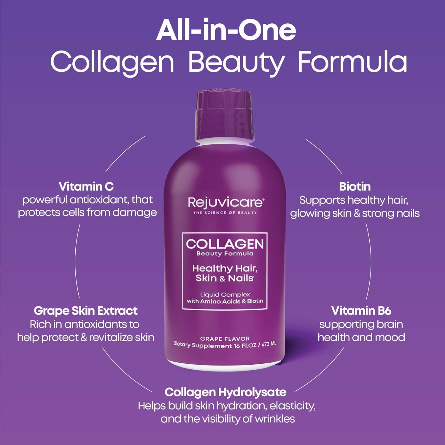 Liquid Collagen Beauty Formula with Amino Acids, Protein and Biotin, Delicious Grape Flavor, Purple 16 oz ,32 servings