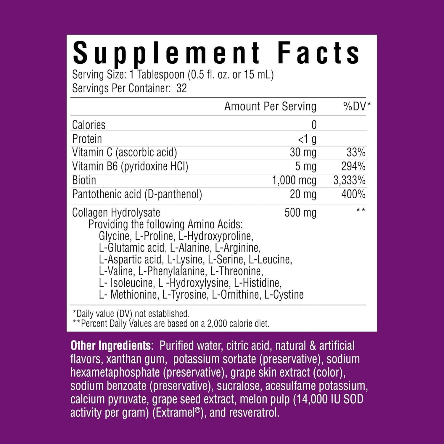 Liquid Collagen Beauty Formula with Amino Acids, Protein and Biotin, Delicious Grape Flavor, Purple 16 oz ,32 servings