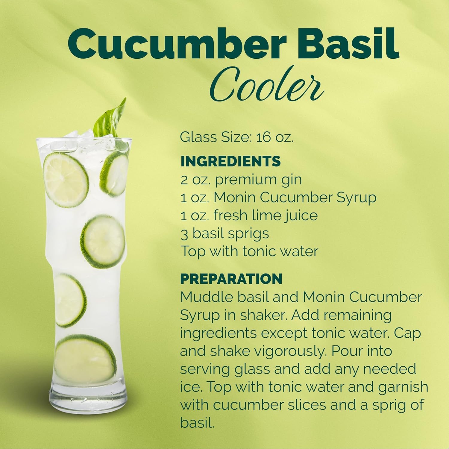 Monin - Cucumber Syrup, Refreshing Sweetness, Natural Flavors, Great for Mocktails, Cocktails, Lemonades, Teas, and Sodas, Non-GMO, Gluten-Free (1 Liter)