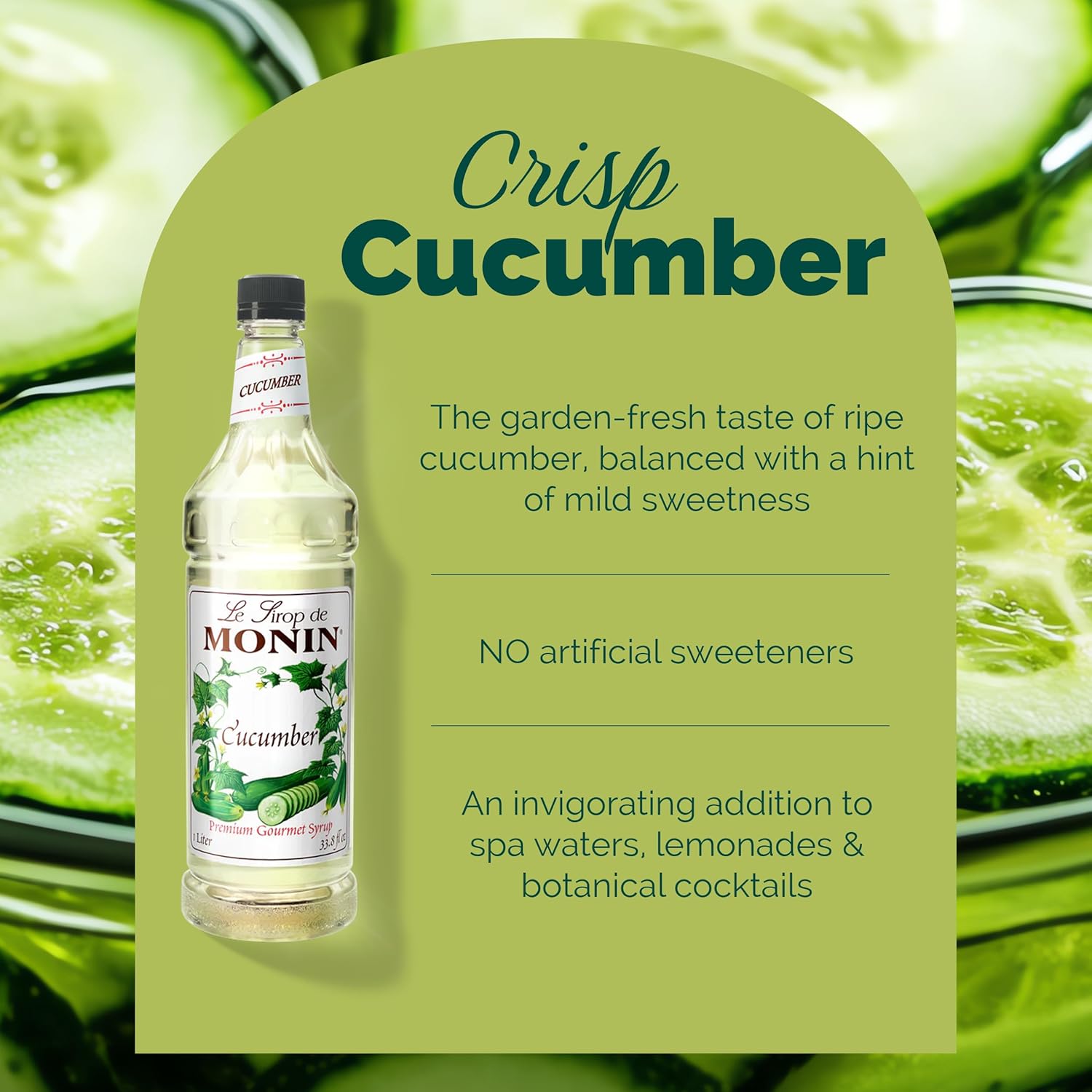 Monin - Cucumber Syrup, Refreshing Sweetness, Natural Flavors, Great for Mocktails, Cocktails, Lemonades, Teas, and Sodas, Non-GMO, Gluten-Free (1 Liter)