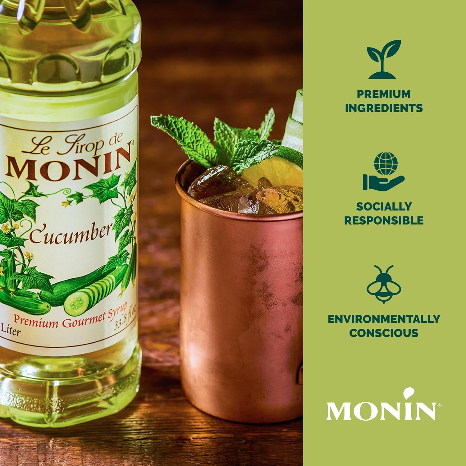 Monin - Cucumber Syrup, Refreshing Sweetness, Natural Flavors, Great for Mocktails, Cocktails, Lemonades, Teas, and Sodas, Non-GMO, Gluten-Free (1 Liter)