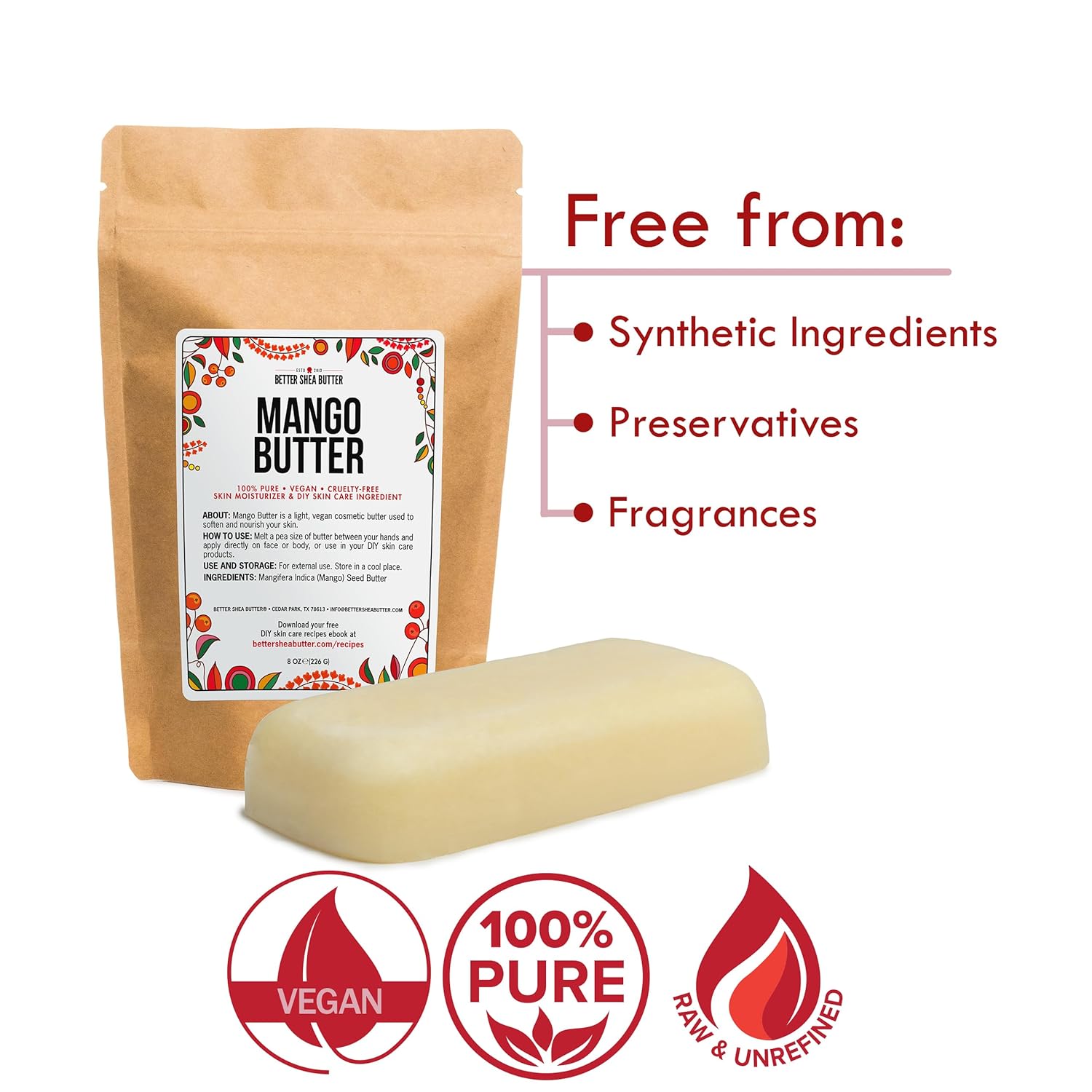 Raw Mango Butter - 100% Natural Skin and Hair Moisturizer - Use with Shea in DIY Whipped Body Butter, Mango Body Lotion, Lip Gloss and Soap Making, 8 oz Block Bar 8 Ounce (Pack of 1)