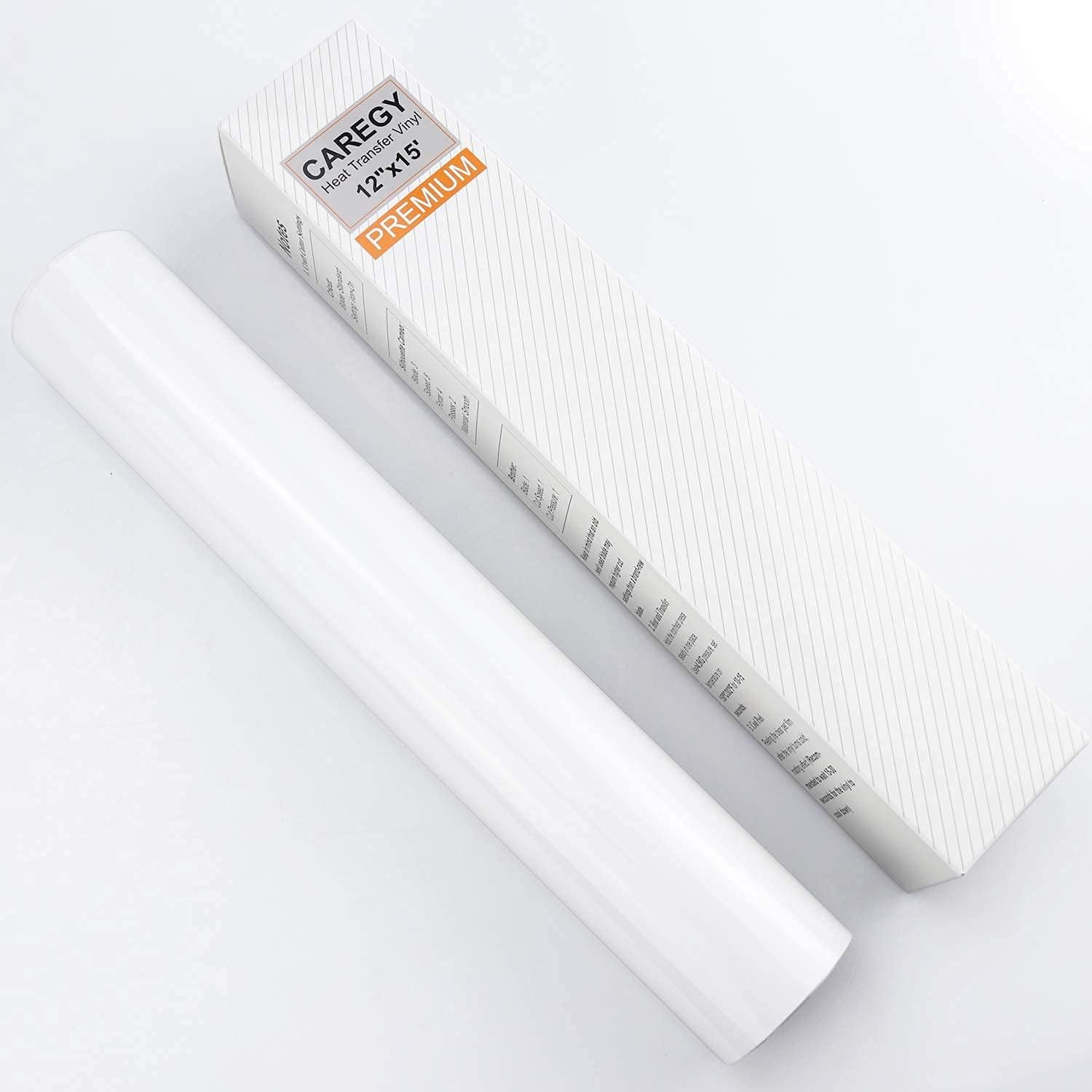 HTV Iron on Vinyl 12 inch x15 Feet Roll by CAREGY Easy to Cut & Weed Iron on Heat Transfer Vinyl DIY Heat Press Design for T-Shirts Glossy White