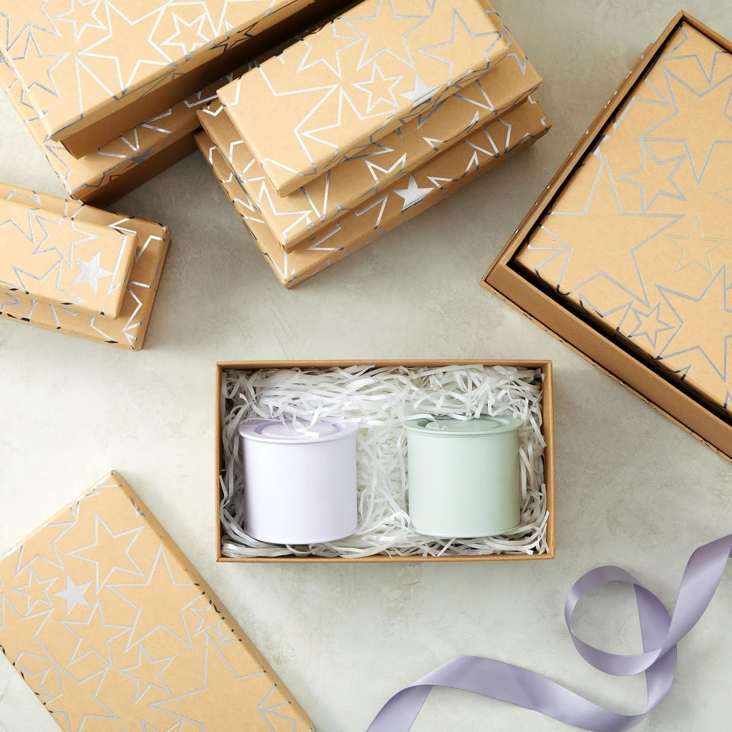 Sparkle and Bash Gift Boxes with Lids - 10 Piece Assortment, Silver Foil Star, Vintage Style - Nesting Boxes for Gifts