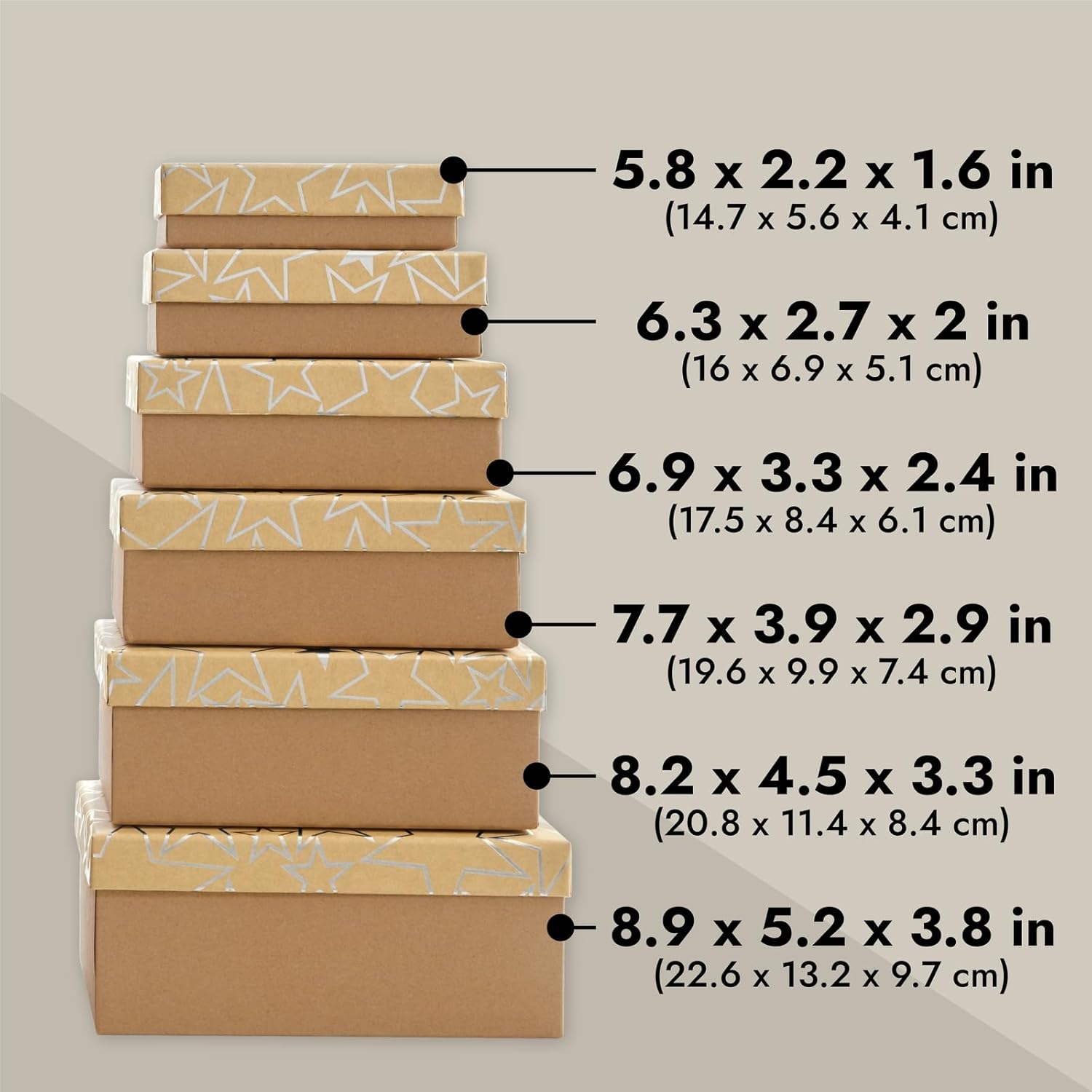 Sparkle and Bash Gift Boxes with Lids - 10 Piece Assortment, Silver Foil Star, Vintage Style - Nesting Boxes for Gifts