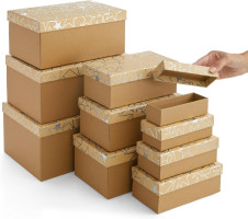 Sparkle and Bash Gift Boxes with Lids - 10 Piece Assortment, Silver Foil Star, Vintage Style - Nesting Boxes for Gifts