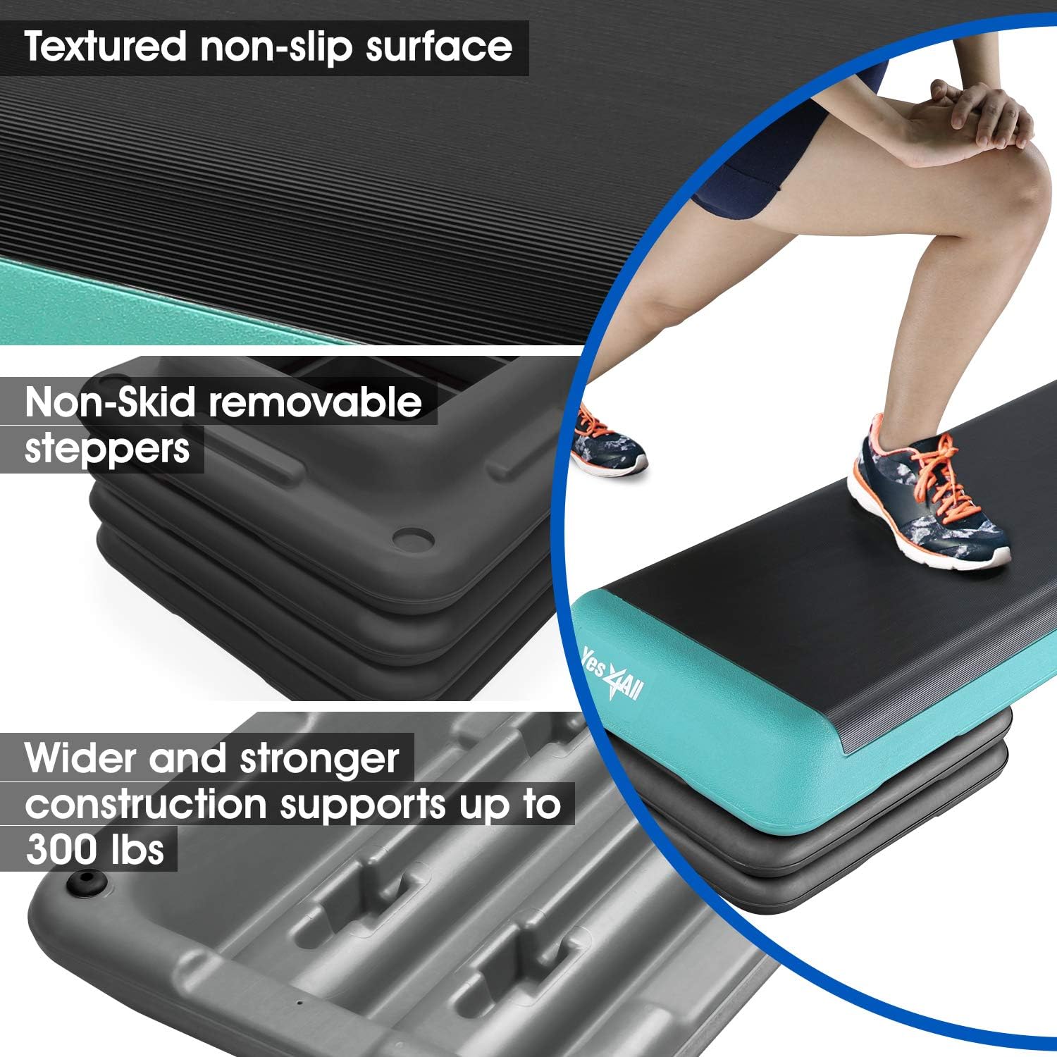 Yes4All Aerobic Exercise Step Platform, Exercise Stepper with Risers for Cardio and Strength Training, Workout Stepper for Home Gym H. Green Black
