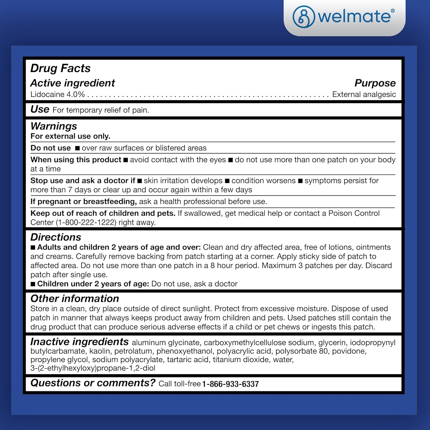 WELMATE - 4% Lidocaine Numbing Patch - Maximum Strength - Temporary Relief of Pain, Back, Neck, Shoulders, Knees, Elbows, Minor Skin Irritations - Topical Analgesic Unscented - 30 ct 30 Count (Pack of 1)