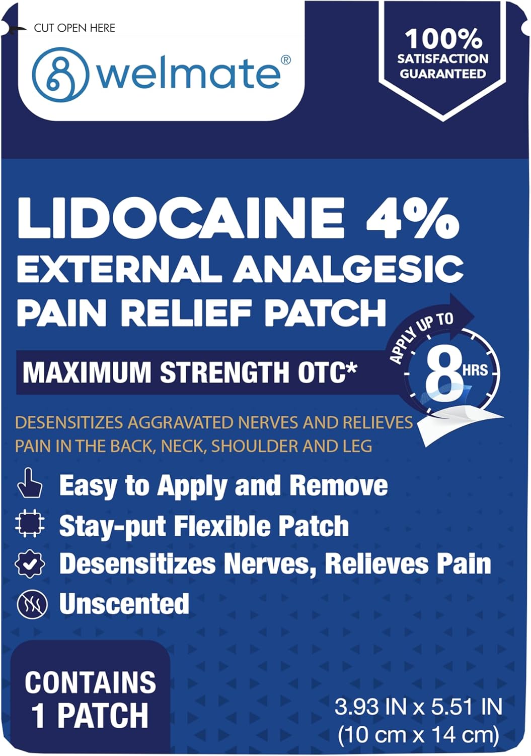 WELMATE - 4% Lidocaine Numbing Patch - Maximum Strength - Temporary Relief of Pain, Back, Neck, Shoulders, Knees, Elbows, Minor Skin Irritations - Topical Analgesic Unscented - 30 ct 30 Count (Pack of 1)