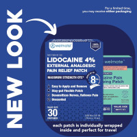 WELMATE - 4% Lidocaine Numbing Patch - Maximum Strength - Temporary Relief of Pain, Back, Neck, Shoulders, Knees, Elbows, Minor Skin Irritations - Topical Analgesic Unscented - 30 ct 30 Count (Pack of 1)