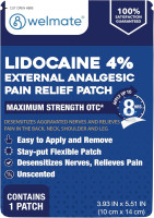 WELMATE - 4% Lidocaine Numbing Patch - Maximum Strength - Temporary Relief of Pain, Back, Neck, Shoulders, Knees, Elbows, Minor Skin Irritations - Topical Analgesic Unscented - 30 ct 30 Count (Pack of 1)