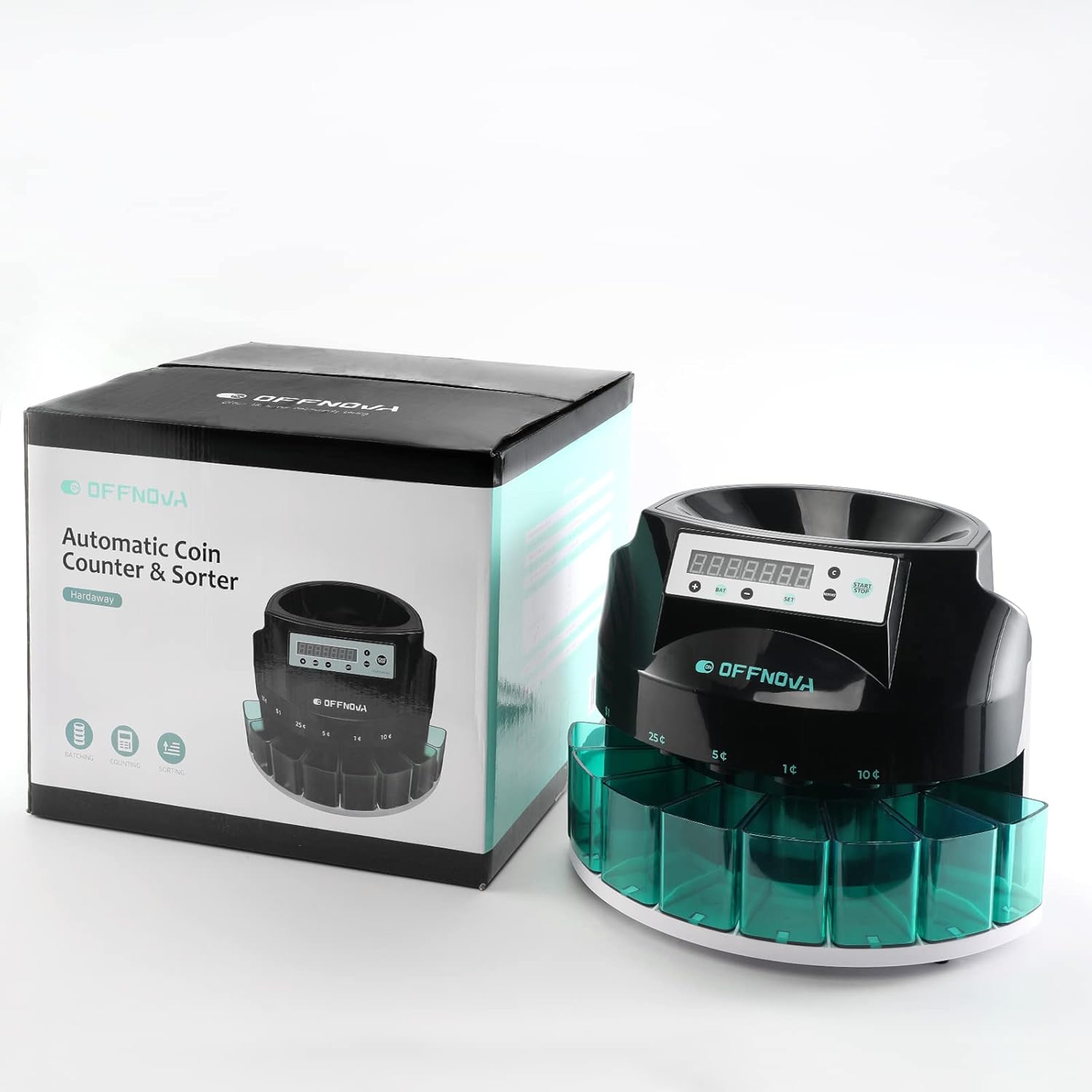 OFFNOVA Electric Automatic Coin Sorter & Change Counter Machine, Coins up to 300 Coins Per Minute, Large LED Digital Display, Supports All Denomination of US Coins