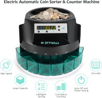 OFFNOVA Electric Automatic Coin Sorter & Change Counter Machine, Coins up to 300 Coins Per Minute, Large LED Digital Display, Supports All Denomination of US Coins