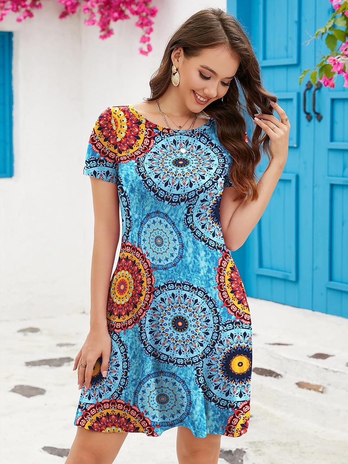 KORSIS Summer Women's Dress Casual T-Shirt Short Sleeve Dresses Swing Flowy Beach Vacation WORKSundress with Pockets Medium Flower Mix Blue