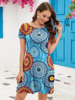 KORSIS Summer Women's Dress Casual T-Shirt Short Sleeve Dresses Swing Flowy Beach Vacation WORKSundress with Pockets Medium Flower Mix Blue