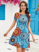 KORSIS Summer Women's Dress Casual T-Shirt Short Sleeve Dresses Swing Flowy Beach Vacation WORKSundress with Pockets Medium Flower Mix Blue