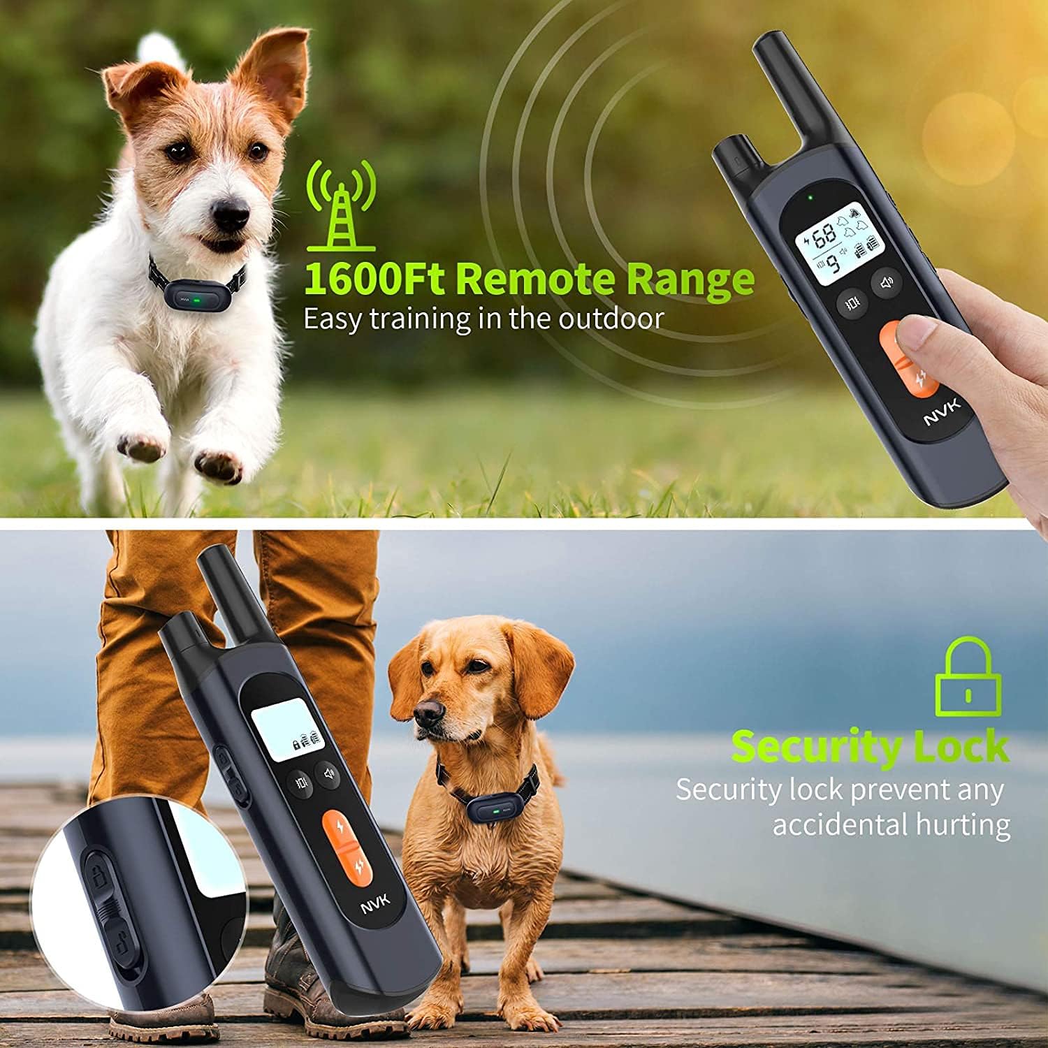 NVK Shock Collar, Dog Training Collar with Remote for Medium Large Dogs, Rechargeable Dog Shock Collar with Shock, Vibration, Beeps Modes, IPX7 Waterproof, Range up to 1600Ft