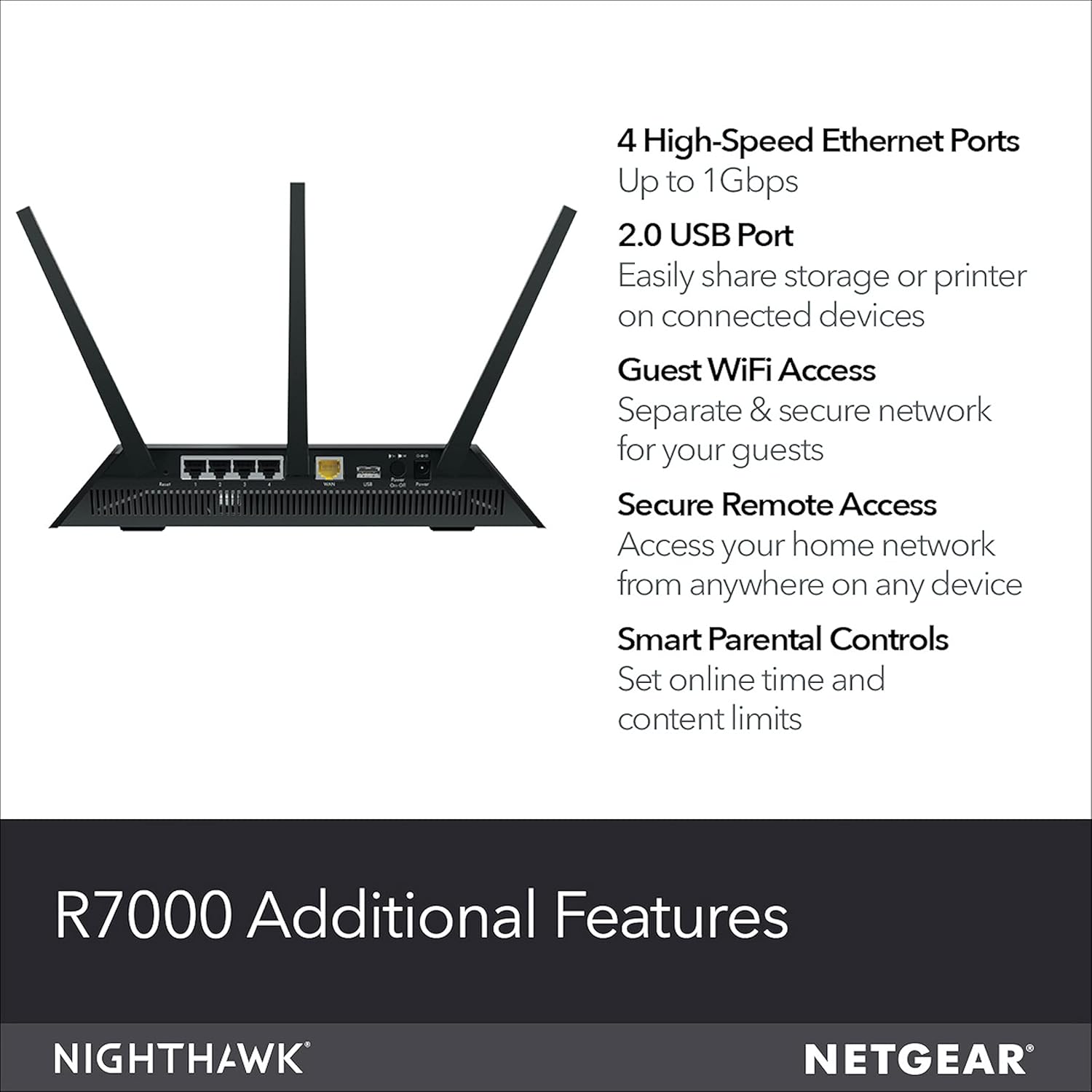 NETGEAR Nighthawk Smart Wi-Fi Router (R7000-100NAS) - AC1900 Wireless Speed (Up to 1900 Mbps) | Up to 1800 Sq Ft Coverage & 30 Devices | 4 x 1G Ethernet and 2 USB Ports | Armor Security AC1900 WiFi