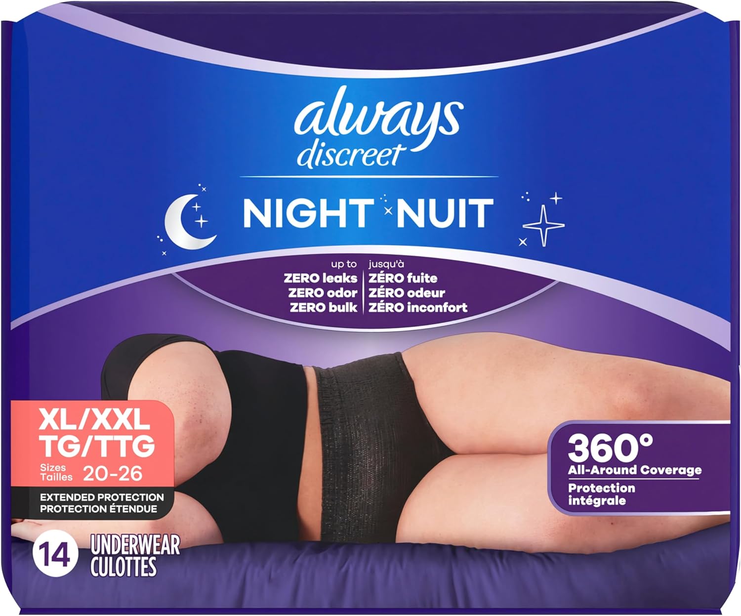 Always Discreet Night, Reimagined Adult Diapers for Women, Extended Overnight Absorbency Incontinence and Postpartum Underwear Size XL/XXL, 360 Degree Coverage While Laying Down, 14 Count​ X-Large 14