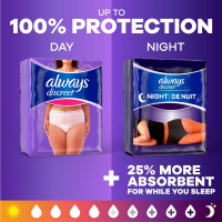 Always Discreet Night, Reimagined Adult Diapers for Women, Extended Overnight Absorbency Incontinence and Postpartum Underwear Size XL/XXL, 360 Degree Coverage While Laying Down, 14 Count​ X-Large 14