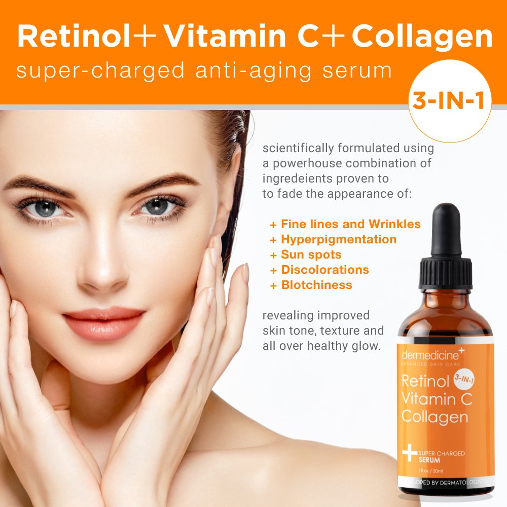 Retinol Vitamin C Collagen | Super Charged Anti-Aging Serum for Face | Pharmaceutical Grade Quality | Helps Smooth & Plump Fine Lines & Wrinkles & Brightens for Younger Skin | 1 fl oz / 30 ml 1 Fl Oz (Pack of 1)