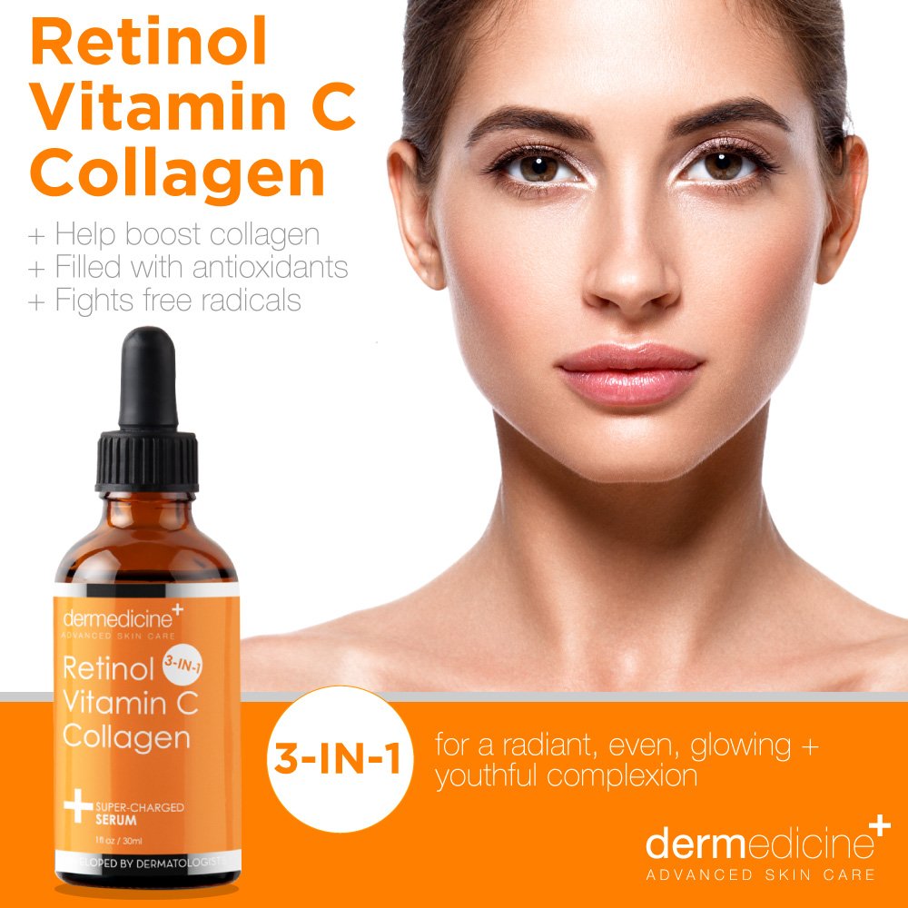 Retinol Vitamin C Collagen | Super Charged Anti-Aging Serum for Face | Pharmaceutical Grade Quality | Helps Smooth & Plump Fine Lines & Wrinkles & Brightens for Younger Skin | 1 fl oz / 30 ml 1 Fl Oz (Pack of 1)
