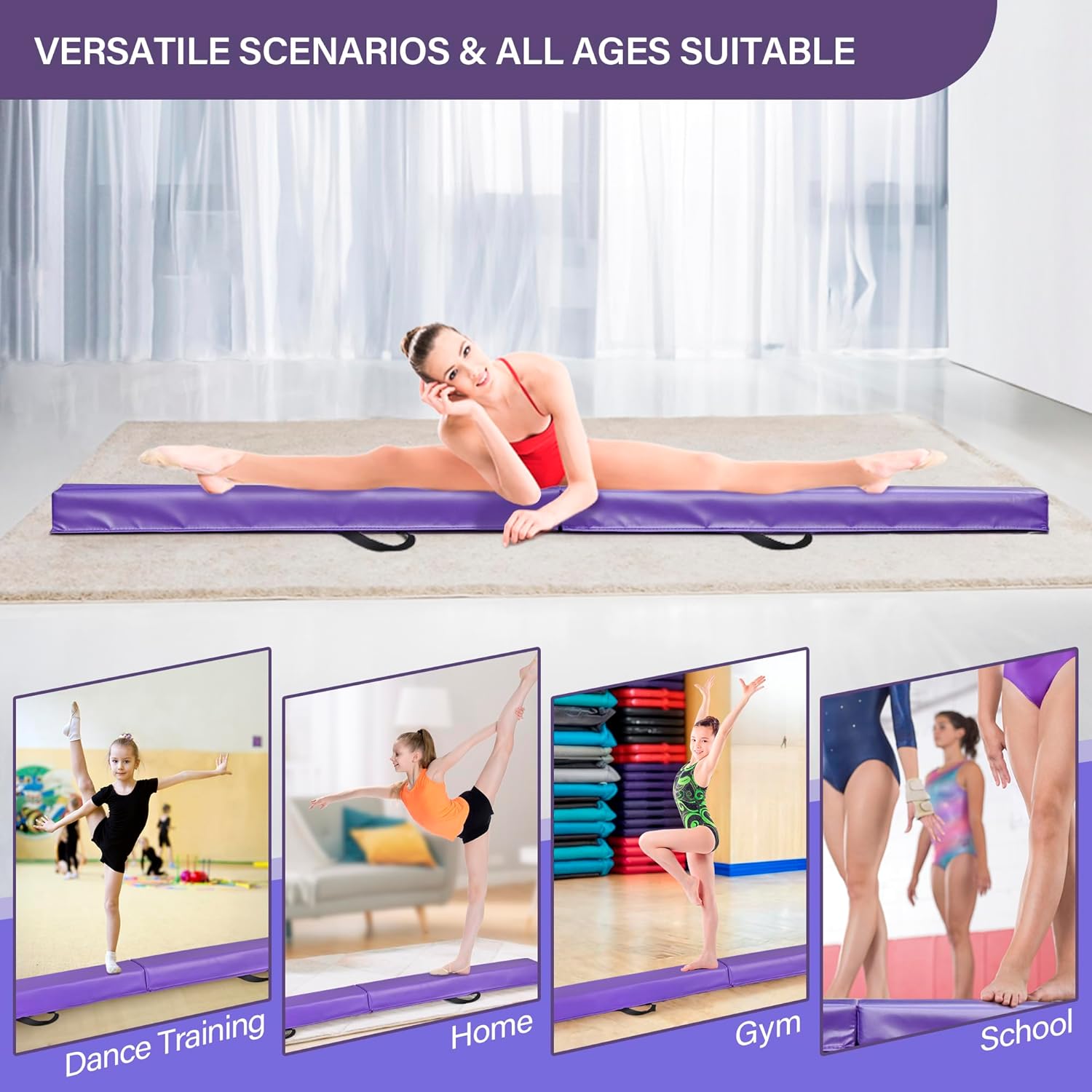 6FT/9FT Balance Beam Folding Gymnastics Beam Extra Firm Foam Anti-Slip Bottom Equipment for Floor Home Training, Kids, Adults 6FT Purpel