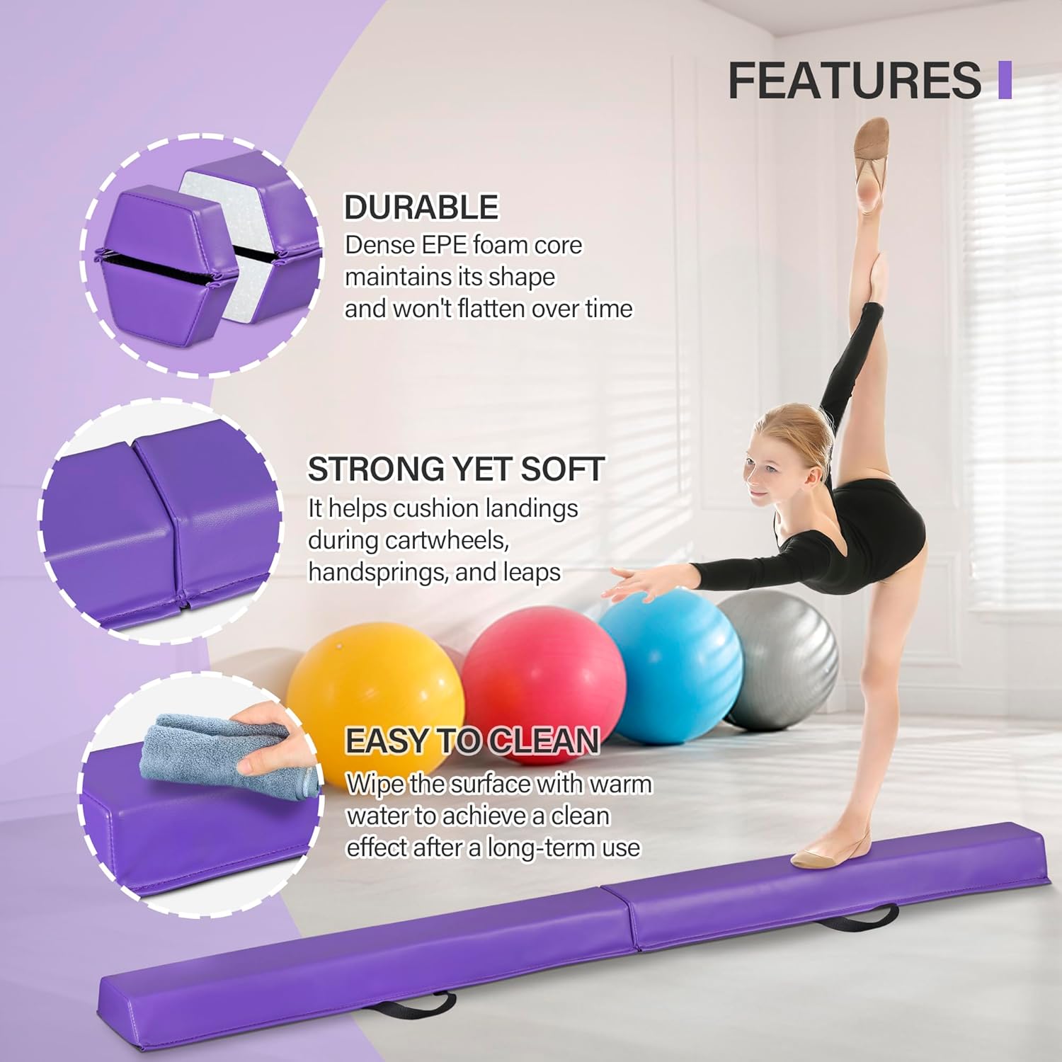 6FT/9FT Balance Beam Folding Gymnastics Beam Extra Firm Foam Anti-Slip Bottom Equipment for Floor Home Training, Kids, Adults 6FT Purpel