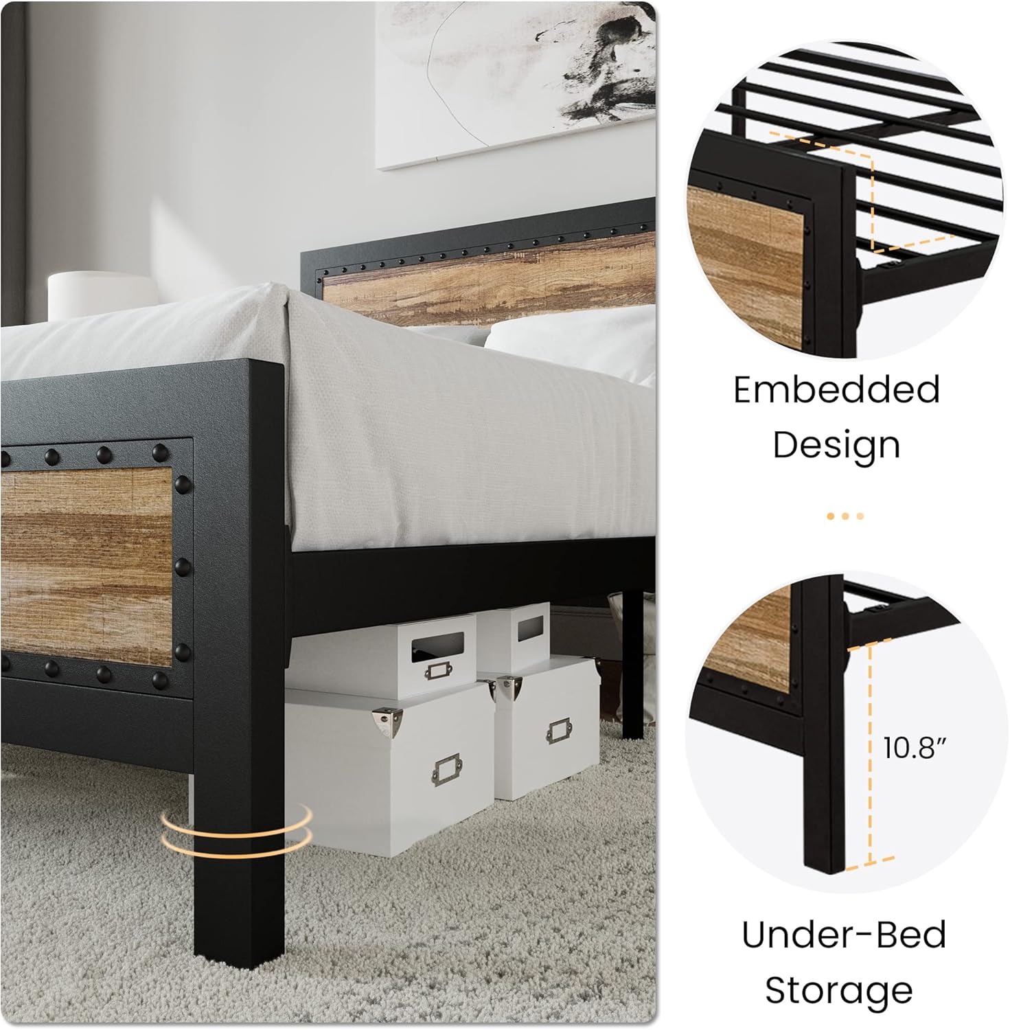 SHA CERLIN Heavy Duty Metal Bed Frame Queen Size, Platform Base with Wooden Headboard Footboard, 13 Strong Slats Support, No Box Spring Needed, Mattress Foundation, Easy Assembly Queen Stripe Wood