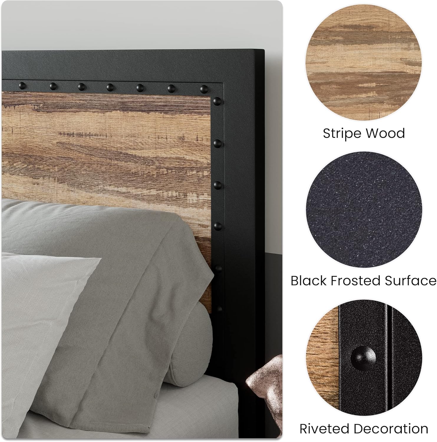 SHA CERLIN Heavy Duty Metal Bed Frame Queen Size, Platform Base with Wooden Headboard Footboard, 13 Strong Slats Support, No Box Spring Needed, Mattress Foundation, Easy Assembly Queen Stripe Wood