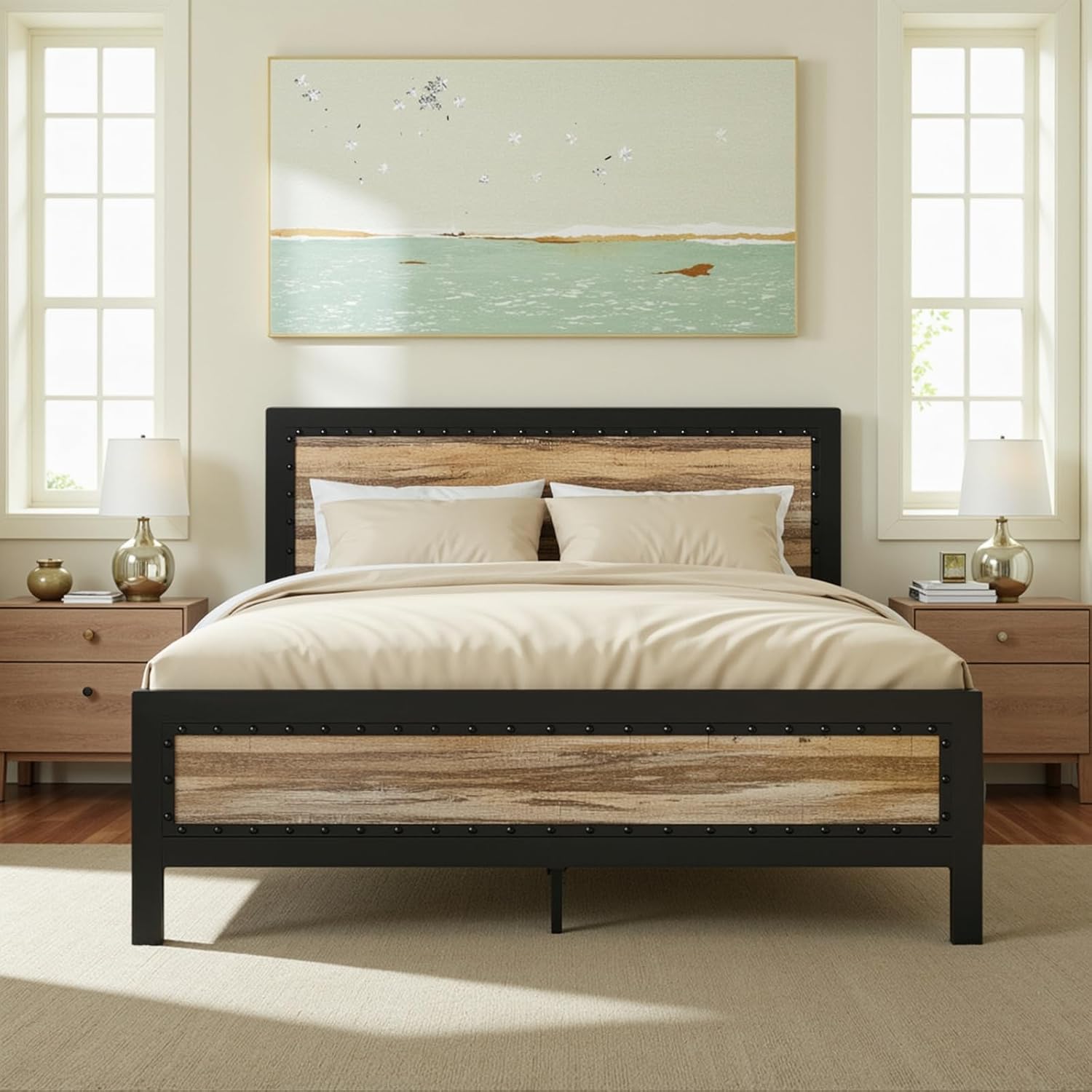 SHA CERLIN Heavy Duty Metal Bed Frame Queen Size, Platform Base with Wooden Headboard Footboard, 13 Strong Slats Support, No Box Spring Needed, Mattress Foundation, Easy Assembly Queen Stripe Wood
